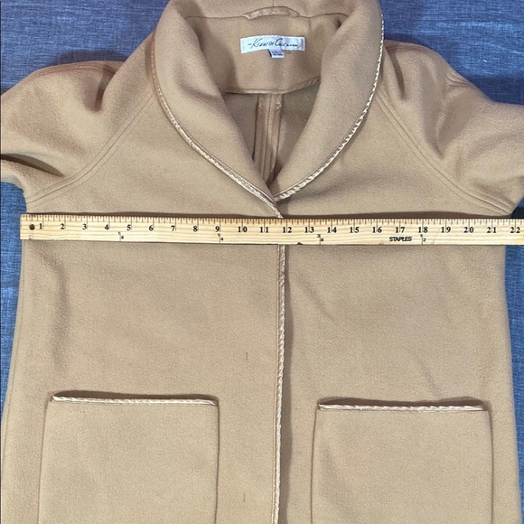 Kenneth Cole Wool Blend Coat L Camel Tan Open Front Minimalist Long Jacket - Picture 6 of 7